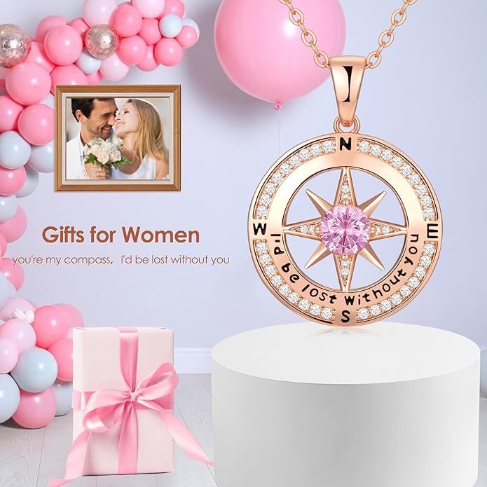 Zifeel Compass Necklace Gifts for Women wife - S925 Sterling Silver Birthstone Necklaces for Women - Anniversary Birthday Gifts for Her Wife Girlfriend - Valentines Mom Mothers Day Christmas Gifts Jewelry for Women