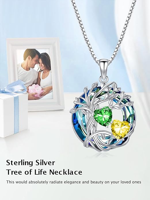 TOUPOP s925 Sterling Silver Family Celtic Tree of Life Pendant Necklaces with 2 Heart Birthstone with Blue Austrian Crystal Jewelry Birthday Anniversary Christmas Gifts for Her Wife Girlfriend Mom (18K Real White Gold Filled)