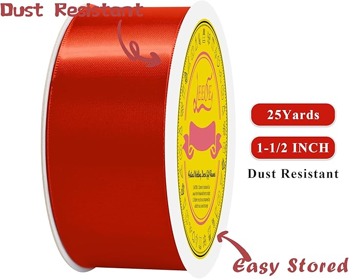 LEEQE Double Face Red Satin Ribbon 1-1/2 inch X 25 Yards Polyester Red Ribbon for Gift Wrapping Very Suitable for Weddings Party Hair Bow Invitation Decorations and More