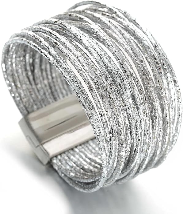 Fesciory Leopard Bracelet for Women, Boho Leather Wrap Multi-Layer Pearl Crystal Bracelet Bangle Jewelry