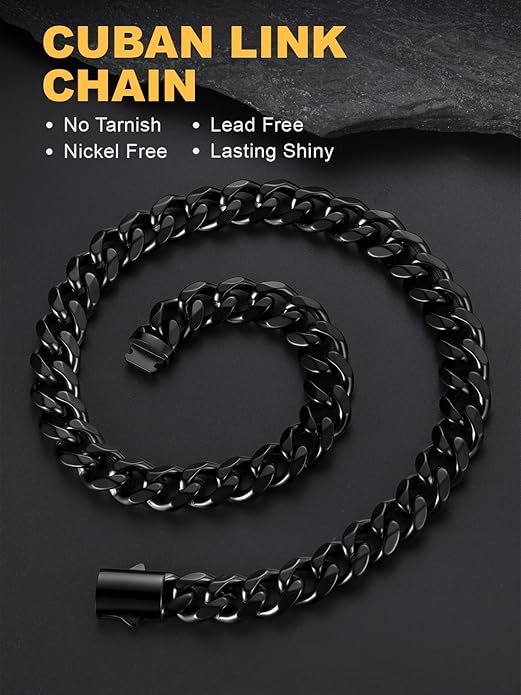 U7 Cuban Link Chain Necklace for Men, Stainless Steel/Black/Gold Mens Necklaces, Chunky Curb Chain Necklace in 6/9/12mm Width 18-30 Inches, Thick Choker Jewelry with Box Packed