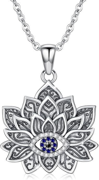 Evil Eye Necklace 925 Sterling Silver Lotus Flower Necklace Spiritual Necklace Jewelry for Women