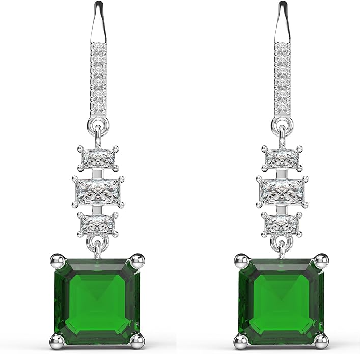 18K White Gold Plated Sterling Silver Asscher Cut Cubic Zirconia Dangle Earrings for Women Square CZ Diamond Drop Dangling Earrings for Women Mom