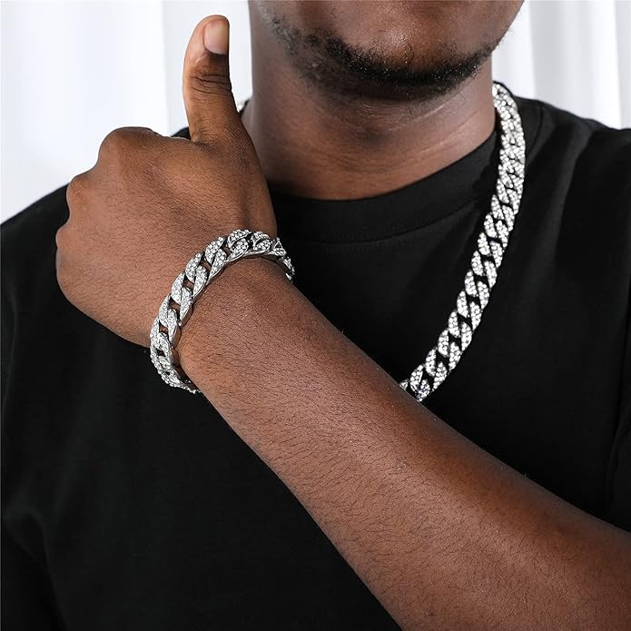 Saintda Cuban Link Chain and Bracelet Set for Men Women Iced Out Diamond Gift for Boys Hip Hop Rapper Jewelry