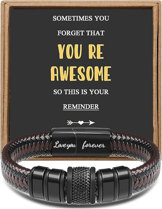 𝐆𝐢𝐟𝐭 𝐟𝐨𝐫 𝐌𝐞𝐧 Braided 𝐋𝐞𝐚𝐭𝐡𝐞𝐫 𝐁𝐫𝐚𝐜𝐞𝐥𝐞𝐭 for Men Dad Husband Boyfriend Son Grandson Brother Stainless Steel Clasp Engraved with Love You Forever Jewelry Birthday Gift 7.5 8.5 9 Inch