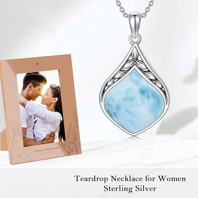 Teardrop Necklace 925 Sterling Silver Vintage Natural Gemstone Pendant Jewelry Birthday Christmas Gifts for Women Mom