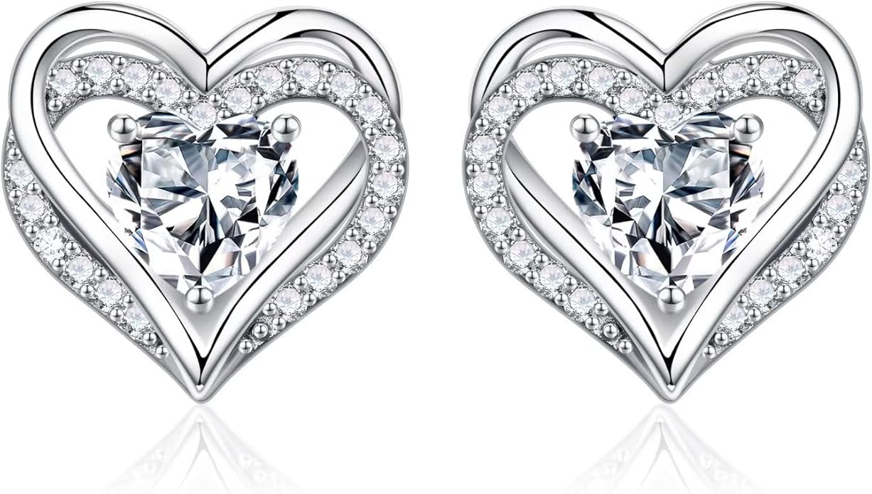 Iefil Birthstone Earrings for Women, 925 Sterling Silver Heart Stud Earrings Birthday Gifts for Women