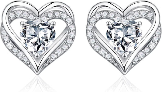 Iefil Birthstone Earrings for Women, 925 Sterling Silver Heart Stud Earrings Birthday Gifts for Women