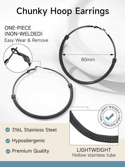 PROSTEEL 30/40/60/80/100mm Chunky Hoop Earrings For Women Gold Plated/Black Stainless Steel Hoops Earrings Statement Jewelry
