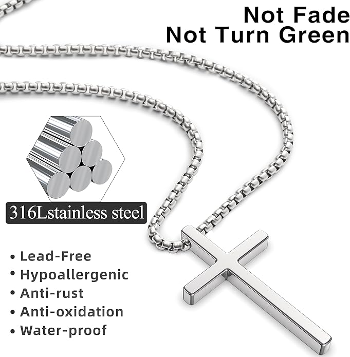 Romass 2 Pcs Cross Necklace for Men Boys,Stainless Steel Pendant Silver Black Gold Crosses Chain Jewelry Gifts Box 16-30 inches