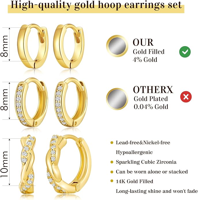 3Pairs Small Gold Huggie Hoop Earrings for Women,Romantic heart,Twisted braid two colors,3 CZ Hoop,5 Round Zircon Sport Hoops Earrings Set,14K Gold Filled Silver Hypoallergenic Earring Excellent gift