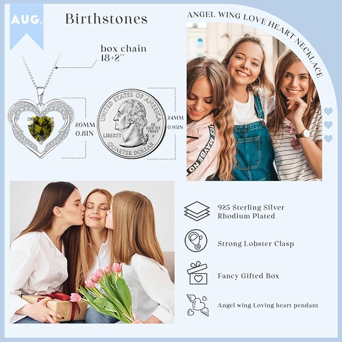 Heart Necklaces Valentine's Gift for Women, Birthstone 925 Sterling Silver Angel Wings Love Pendant Necklaces for Women, Jewelry Gifts for Wife, Anniversary, Mother's day