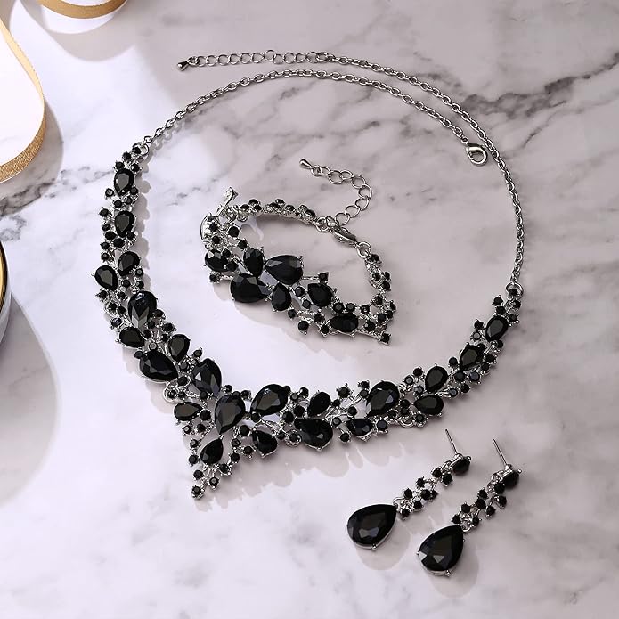 BriLove Wedding Bridal Jewelery for Women Austrian Crystal Teardrop Cluster Statement Necklace Dangle Earrings Link Bracelet Set