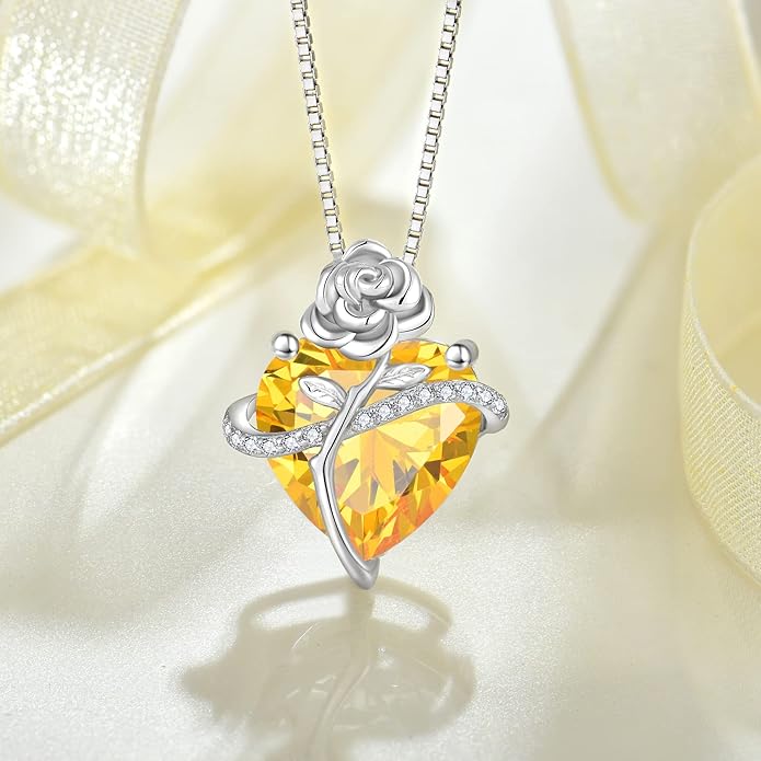 Birthstone Necklace for Women 925 Sterling Silver Love Heart Rose Flower Necklace Dainty Jewelry Gifts for Women Wife Girlfriend Mother Daughter Her