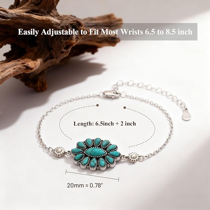 Native American Genuine Turquoise Squash Blossom Bracelet for Women 925 Sterling Silver Boho Turquoise Adjustable Bracelets for Her Wife Mom