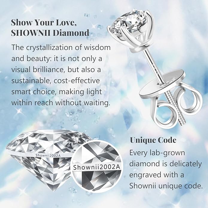 SHOWNII Diamond 4-Prong Lab-Grown Diamond Stud Earrings for Women 0.5CT 1CT 14K Gold Plated S925 Sterling Silver Screw Back Earrings(I-J Color, S1-VS2 Clarity)