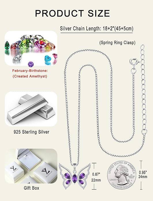 YL Women's Butterfly Necklace 925 Sterling Silver Flower Rose Pendant Birthstone Halo Jewelry