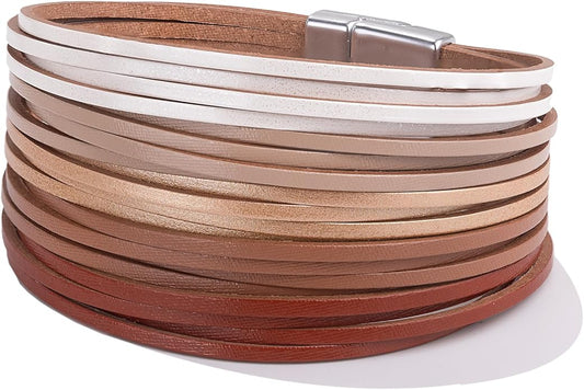 FANCY SHINY Boho Leather Wrap Bracelet Stackable Layered Bangle Cuff with Magnetic Clasp
