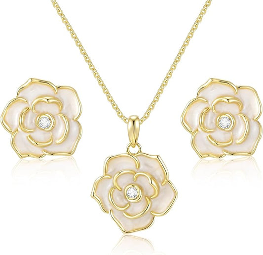Rose Flower Earring Necklace Set - 14k Gold Plated Hypoallergenic Jewelry Sets For Women, Trendy Cubic Zirconia Floral Hoop Earring Pendant Necklace Anniversary Birthday Gift for Her