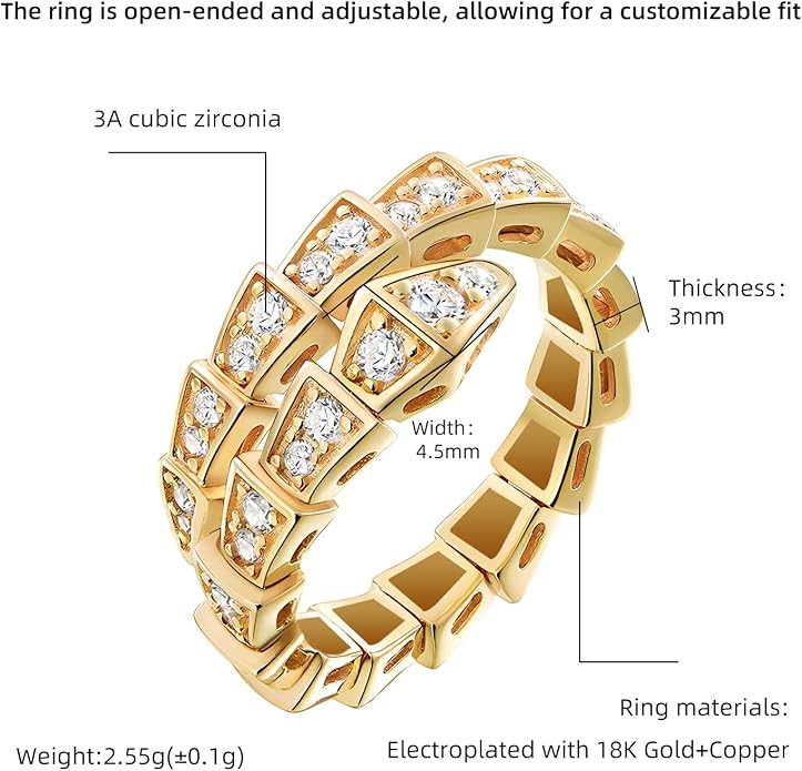 Aura & lrena Adjustable Snake Rings for Wome, 18K Gold or Platinum Plating Open-Ended Ring with AAA Cubic Zirconia Fashion Jewelry, Statement Gift Design Rings for Men and Women Non Tarnish