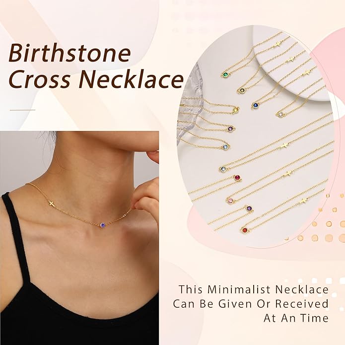 Gold Cross Necklaces for Women, 1-12 Birthstone Necklace Stocking Stuffers for Her Faith Confirmation Gifts for Teen Girls Virgin Mary Necklace Gifts for Christians Birthday Baptism Religious Jewelry