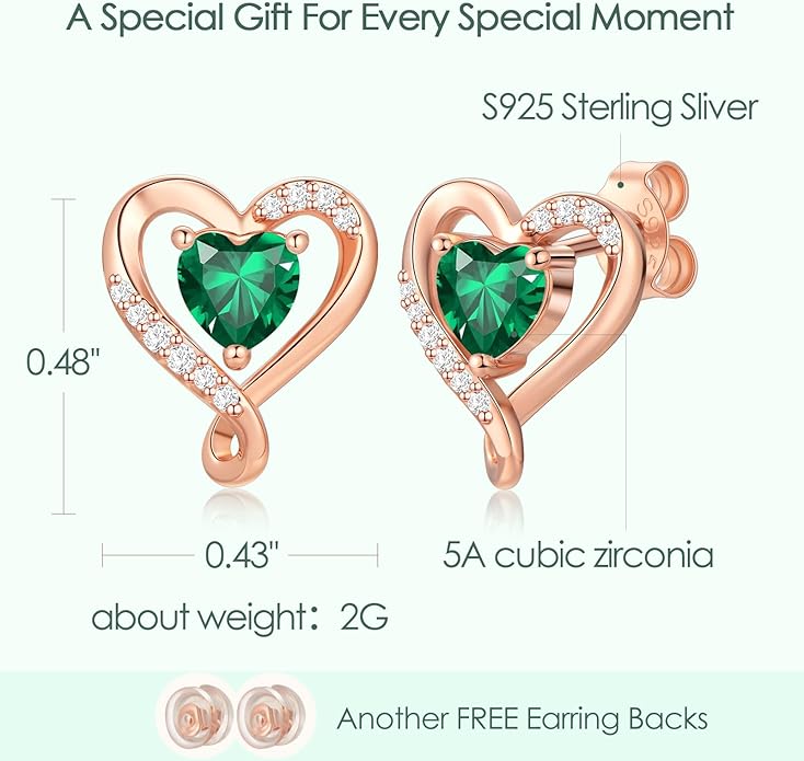 Earrings for Women, S925 Sterling Silver Rose Gold Birthstone Heart Studs Earring for Girlfriend Wife, Anniversary Birthday Christmas Valentines Mothers Day Gifts Jewelry for Women Wife Her Mom