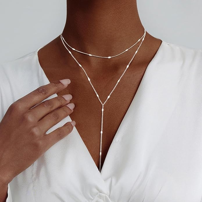 Luxval Lariat Silver Necklace for Women, Dainty Long Necklace Silver Y-Shaped Pendant Necklaces Trendy Beaded Chain Drop Necklaces Jewelry for Women Gifts