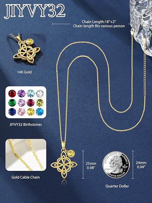 Witches Knot Necklace for Women, 14K Gold Celtic Knot Cross Jewelry with Triquetra Trinity with Birthstone Pendant, Birthday Witchy Spiritual Gifts for Her Wife Mom Grandma, 18+2 Inch Chain