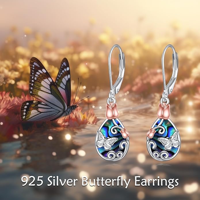 AOBOCO Butterfly/Dragonfly/Bee/Ladybug Leverback Earrings 925 Sterling Silver Rose Lotus Tulip Flower Filigree Dangle Earrings Teardrop Moonstone Larimar Turquoise Abalone Shell Jewelry Birthday Gifts for Women