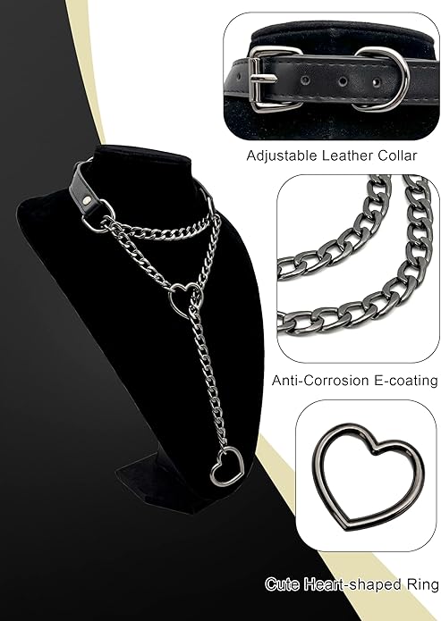 Black Leather Choker Collar For Women, Handmade Heart Slip Chain Choker Long Necklace with Adjustable Buckle