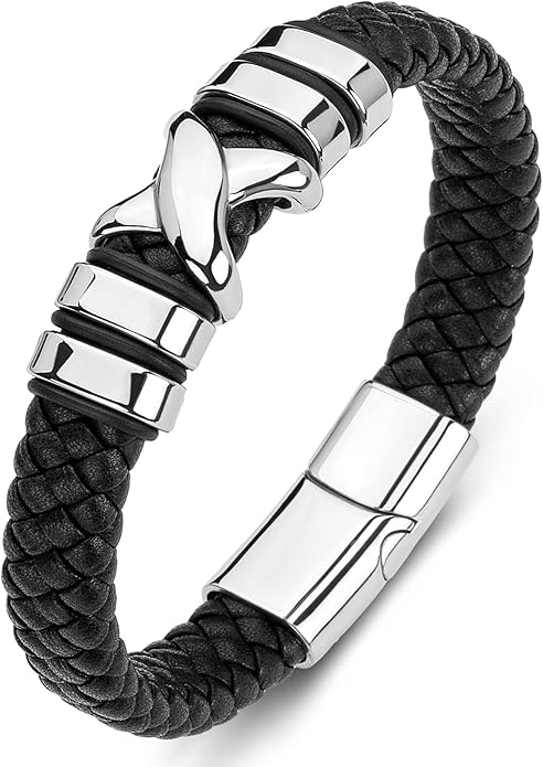 Leather Bracelet for Men Braided Cuff Wristband Stainless Steel Clasp in Silver and Gold Jewellery Gift