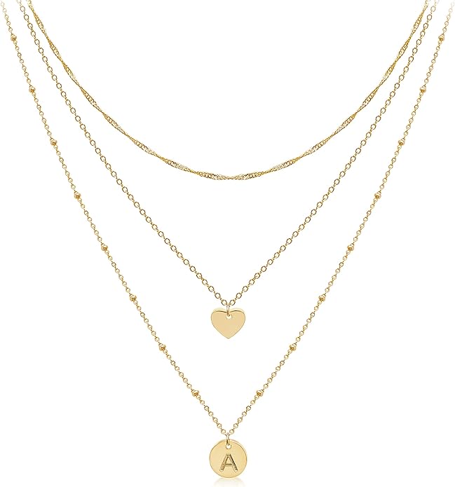 Aisansty Dainty Layered Initial Choker Necklaces Handmade 14K Gold Plated Tiny Heart Personalized Letter Disc Pendant Adjustable Chain Layering Gold Necklaces for Women Gift Jewelry