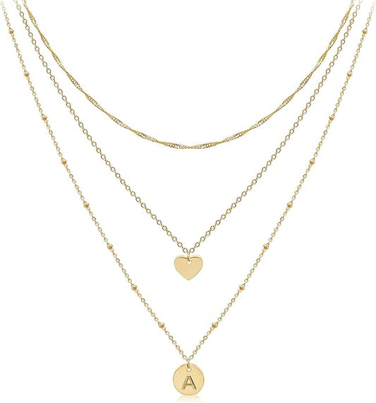 Aisansty Dainty Layered Initial Choker Necklaces Handmade 14K Gold Plated Tiny Heart Personalized Letter Disc Pendant Adjustable Chain Layering Gold Necklaces for Women Gift Jewelry