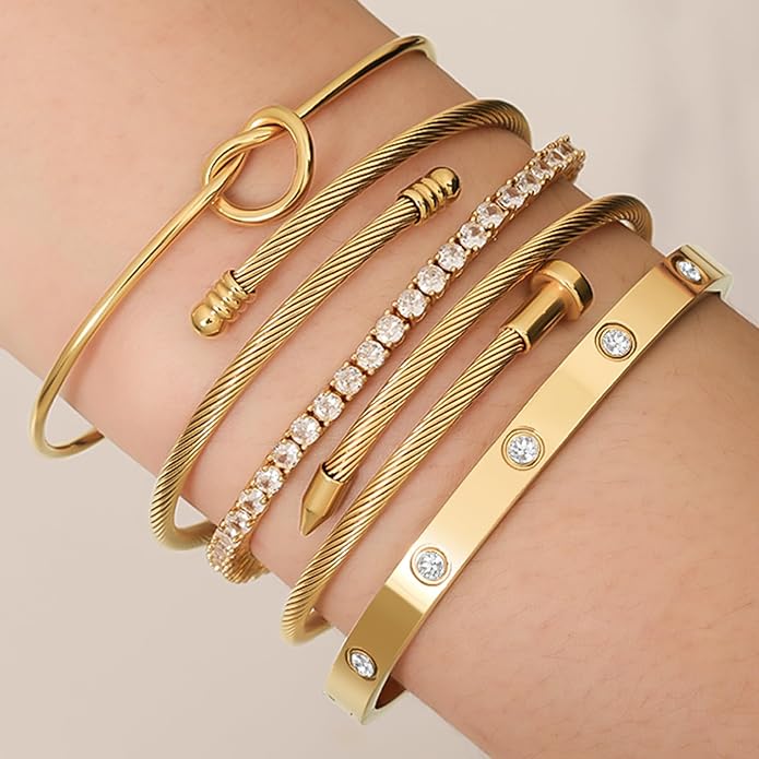 FAFUGA 18 K Gold Plated Love Bangle Bracelet Stack Cuff Jewelry for Women Jewelry Set for Women Gift with Box