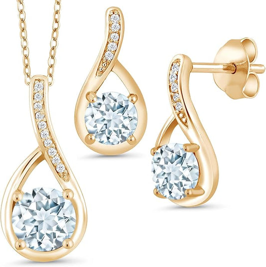 Gem Stone King 18K Yellow Gold Plated Silver Round Gemstone Birthstone and Diamond Pendant Earrings Jewelry Set For Women | Round 6MM and 5MM | With 18 Inch Chain