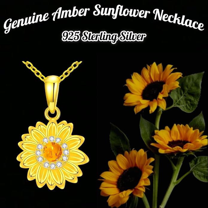 Dainty Genuine Amber Sunflower Pendant Necklace 925 Sterling Silver vintage Natural Gemstone Jewelry for Women Sunflower Lover
