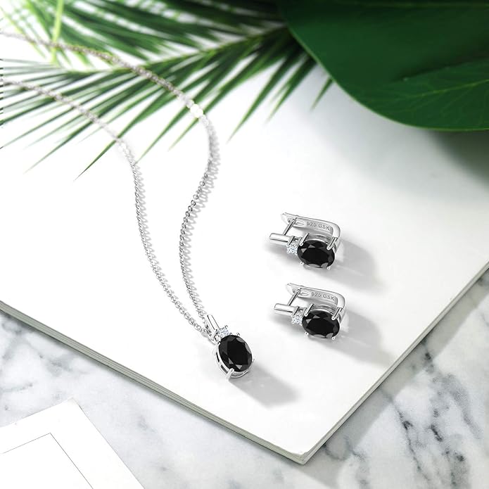 Gemstone Birthstone and White Created Sapphire Pendant and Earrings Jewelry Set for Women in 925 Sterling Silver | Oval 8X6MM and Round 2.5MM | With 18 Inch Chain | Fine Jewelry for Her Mom Women Wife