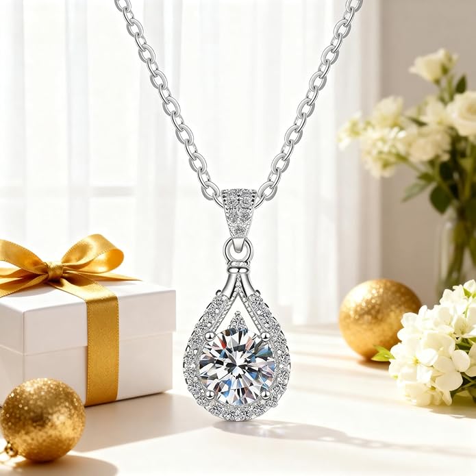 Moissanite Pendant Necklace for Women, 925 Sterling Silver Jewelry Gift Idea for Wife Girlfriend Mom Daughter Best Friend on Valentine‘s Day, Anniversary, Birthday, Christmas, Wedding