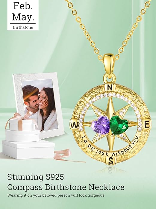 Zeuslia Double Birthstone Necklace Gifts for Wife - 925 Sterling Silver Sunflower/Rose/Crown Cross/Compass/Heart Pendant I Love You Necklace, Anniversary Birthday Gifts for Wife Girlfriend Mom Her