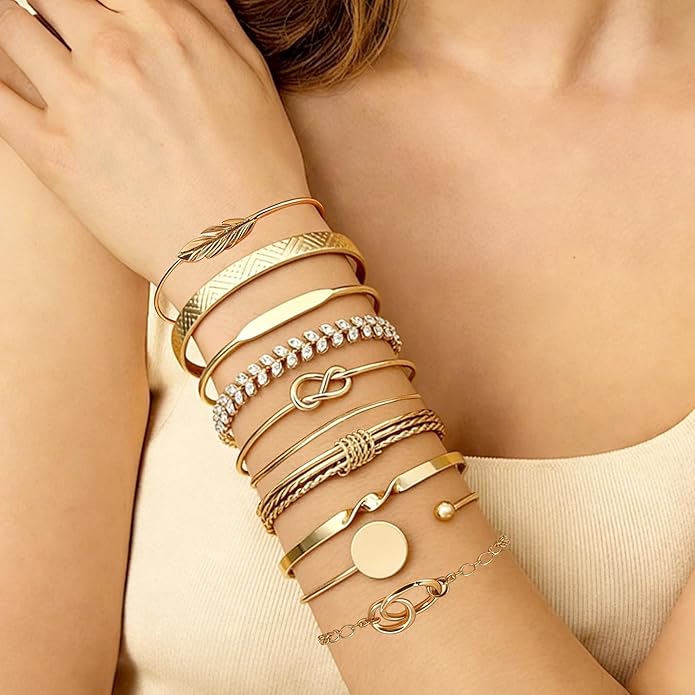 Vocect 10 Pcs Stackable Gold Bracelets for Women Set, 14K Gold Plated Mixed Style Bracelet Set Adjustable Paperclip Chain Cuban Link Beaded Cuff Waterproof Jewelry Sets for Layering Fashion Gifts