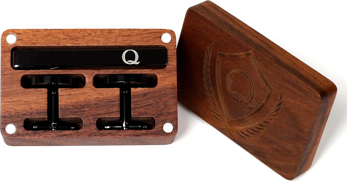 Mens Initial Cufflinks and Tie Clip A-Z Alphabet Letter Black Stainless Cuff Links Tie Bar with Engraved Walnut Wood Box Groom Groomsman Wedding Set