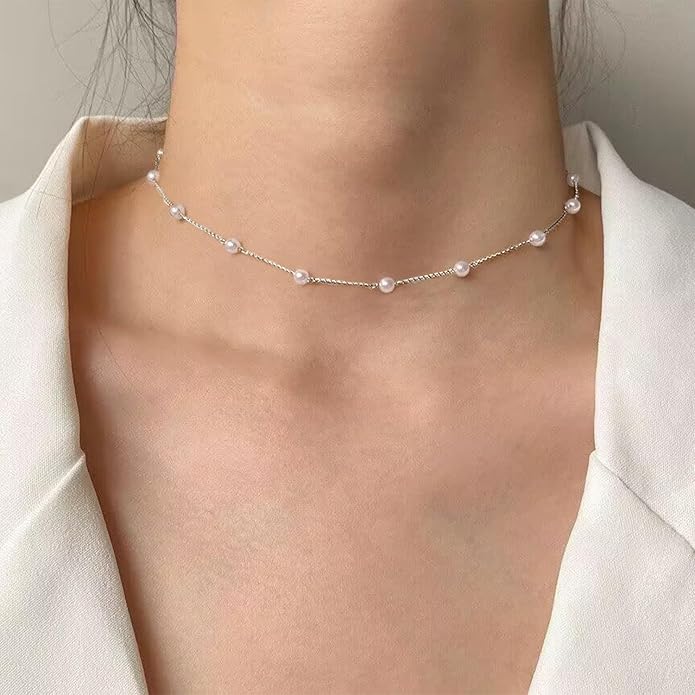 Gold Pearl Necklace for Women, 14K Gold Plated Layered Pearl Necklaces for Women Trendy Simple Herringbone Chain Pearl Necklace for Women Gold Jewelry Gifts