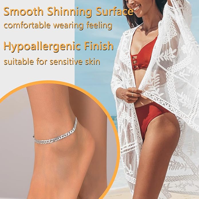 PROSILVER 925 Sterling Silver Ankle Bracelets For Women, Stylish Chain Anklets, Summer Beach Jewelry, 8.6-10.6 Inch Adjustable, Come with Box