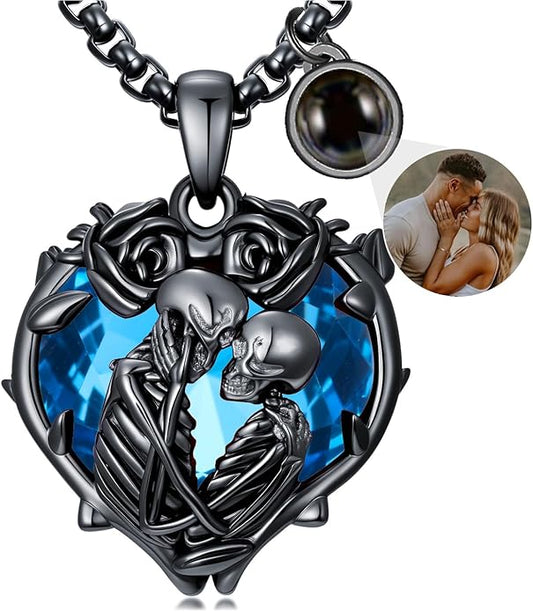 Flpruy 925 Sterling Silver Black Gothic Jewelry Gifts Skeleton Couple Pendant Crystal Birthstone Heart Necklace Punk Romantic Jewelry for Lover Men Women
