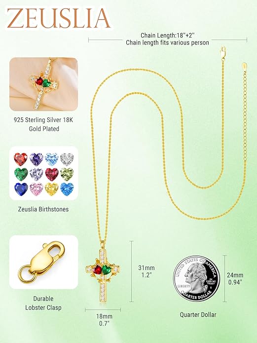Zeuslia Double Birthstone Necklace Gifts for Wife - 925 Sterling Silver Sunflower/Rose/Crown Cross/Compass/Heart Pendant I Love You Necklace, Anniversary Birthday Gifts for Wife Girlfriend Mom Her
