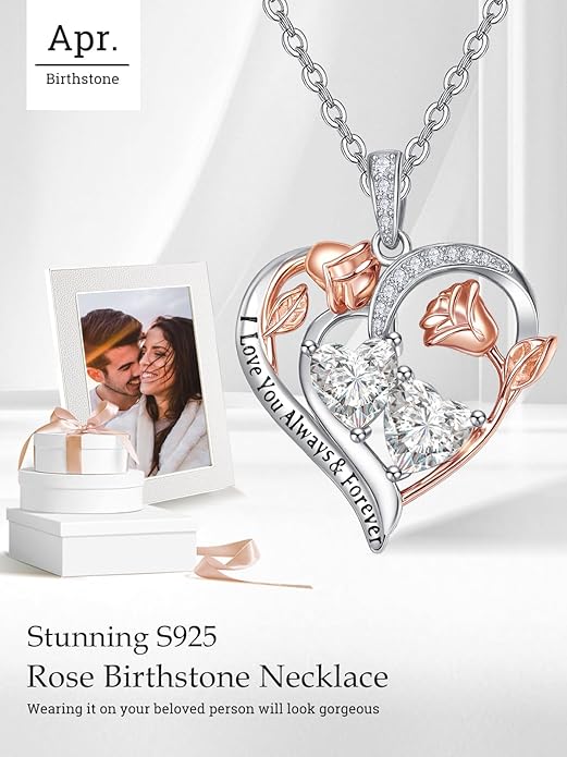Zeuslia Double Birthstone Necklace Gifts for Wife - 925 Sterling Silver Sunflower/Rose/Crown Cross/Compass/Heart Pendant I Love You Necklace, Anniversary Birthday Gifts for Wife Girlfriend Mom Her
