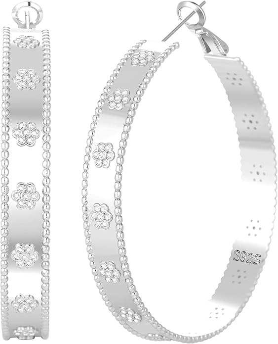 Senteria 8mm Wide 925 Sterling Silver Hoop Earrings for Women Hypoallergenic Chunky Silver Hoop Earrings with Flower Large Thick Hoops Earring Lightweight 14K Gold Plated Hoops for Women 25/30/40/50mm