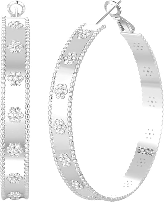 Senteria 8mm Wide 925 Sterling Silver Hoop Earrings for Women Hypoallergenic Chunky Silver Hoop Earrings with Flower Large Thick Hoops Earring Lightweight 14K Gold Plated Hoops for Women 25/30/40/50mm