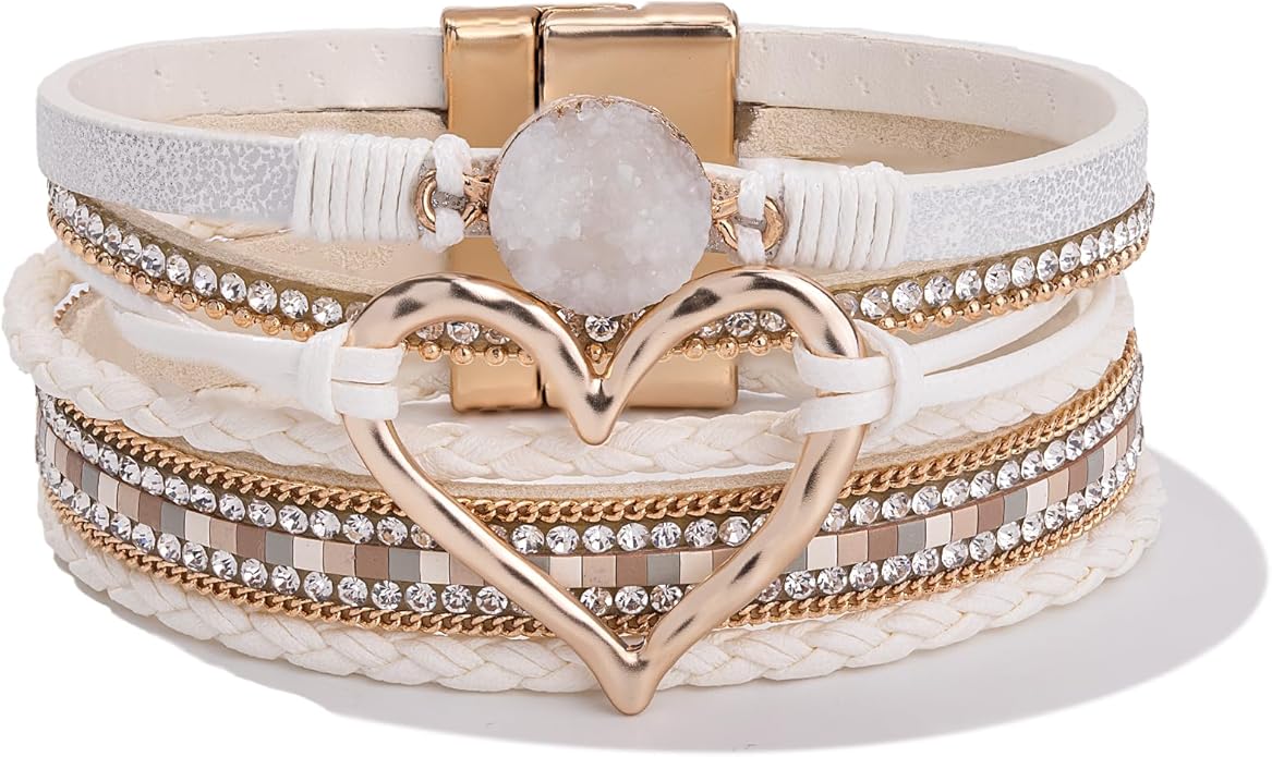 FANCY SHINY Heart Leather Wrap Bracelets Stackable Boho Cuff Bangles Trendy Resin Stone Rhinestone Bracelets with Magnetic Clasp for Women