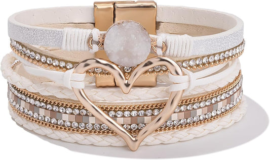 FANCY SHINY Heart Leather Wrap Bracelets Stackable Boho Cuff Bangles Trendy Resin Stone Rhinestone Bracelets with Magnetic Clasp for Women